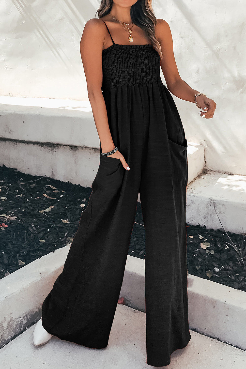 Smocked Spaghetti Strap Wide Leg Jumpsuit - ClassiQ