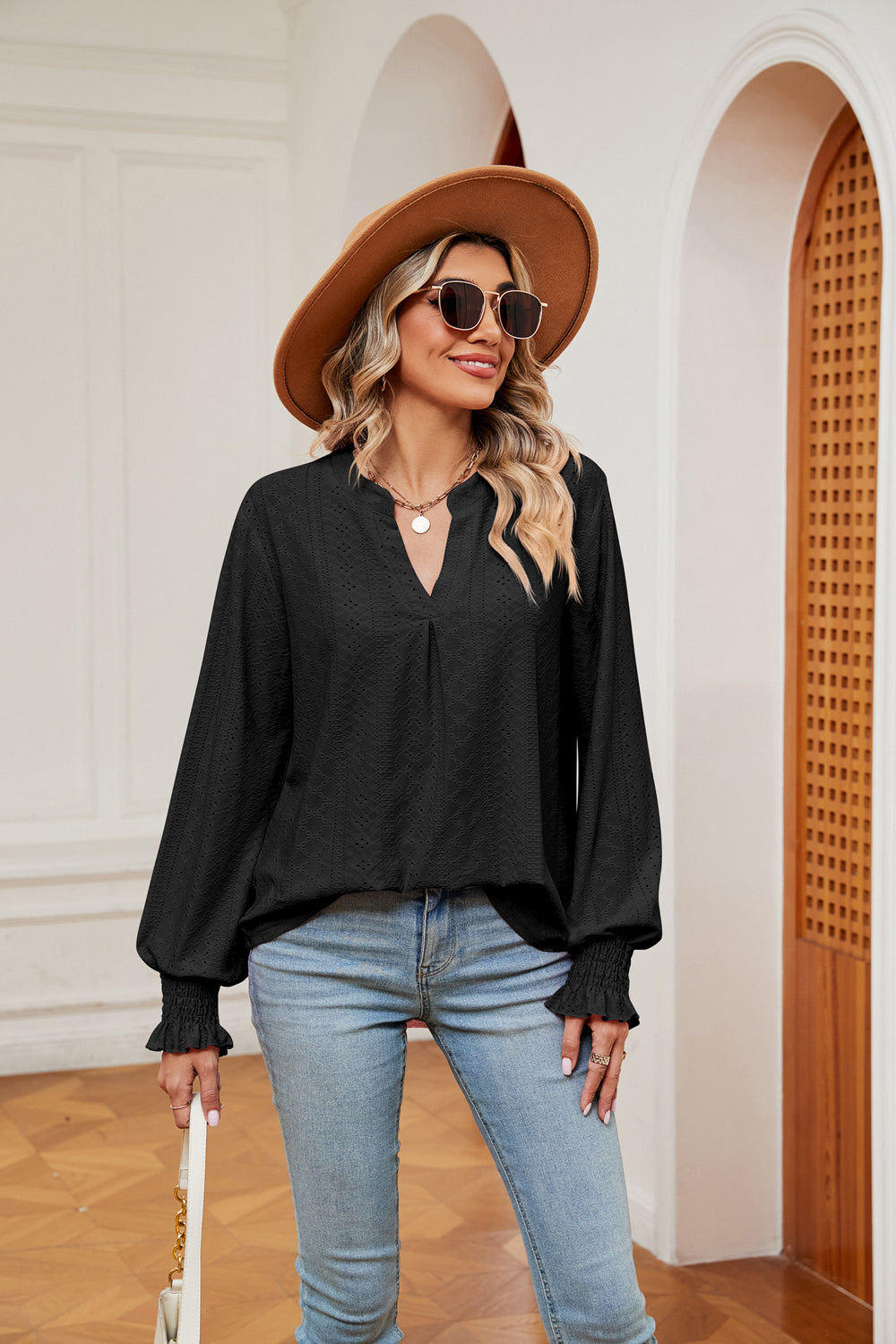 Notched Neck Flounce Sleeve Blouse - Classique Collection