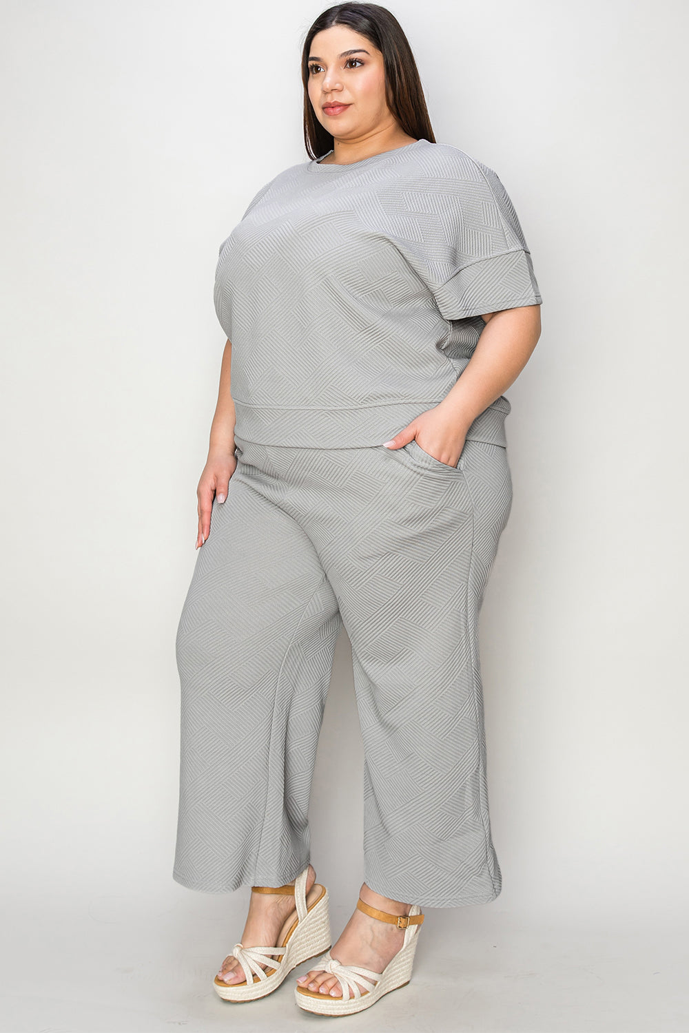 Double Take Full Size Texture Short Sleeve Top and Pants Set - ClassiQ