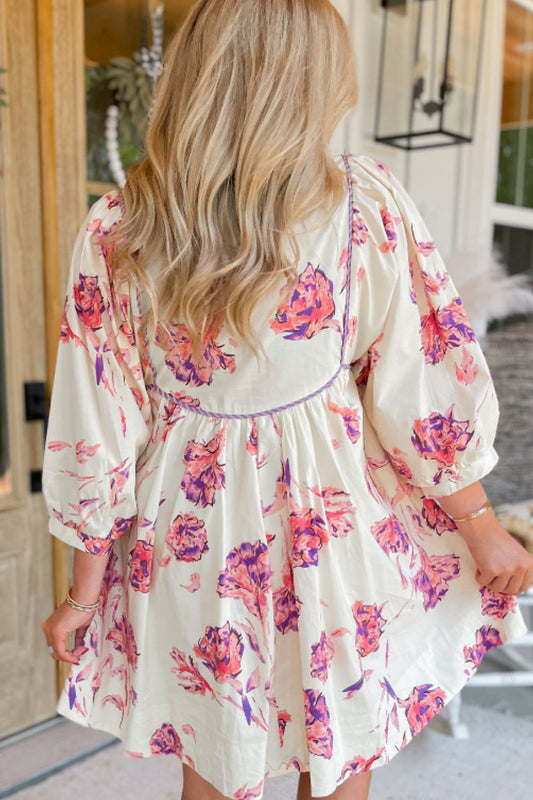 Tied Flower Printed Three-Quarter Sleeve Dress - Classique Collection