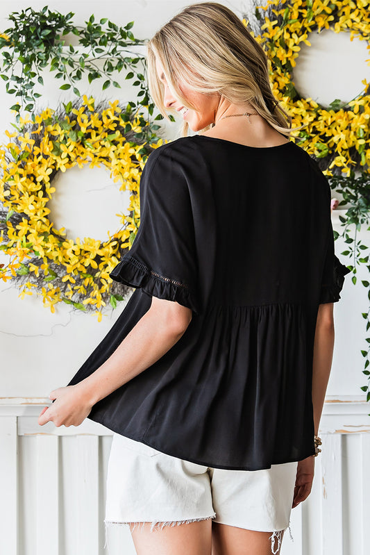 V-Neck Flounce Sleeve Babydoll Blouse - Classique Collection