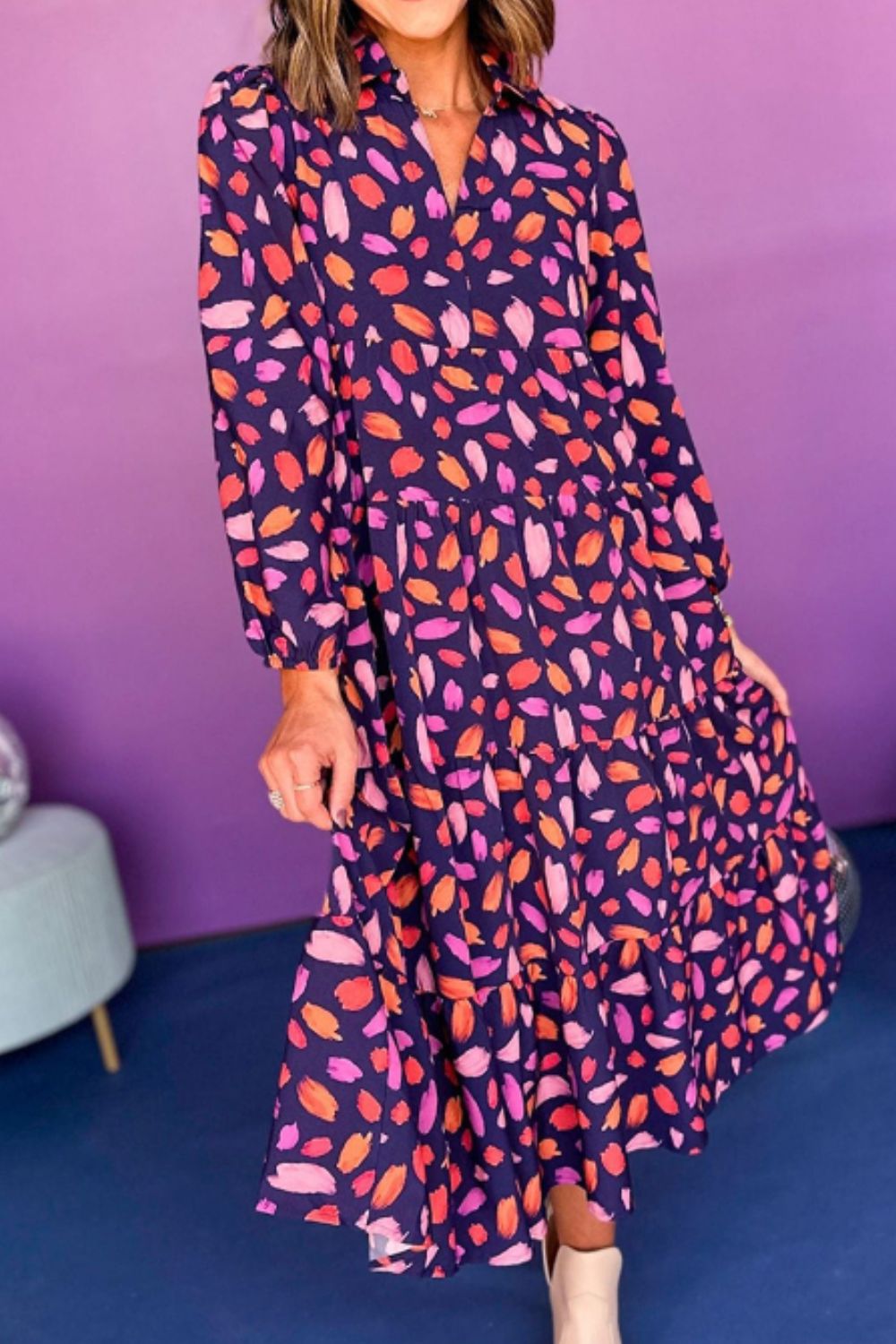 Printed Notched Long Sleeve Dress - Classique Collection