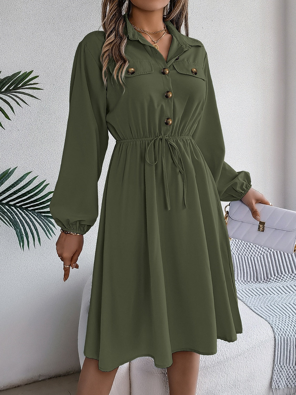 Collared Neck Long Sleeve Dress with Pockets - Classique Collection