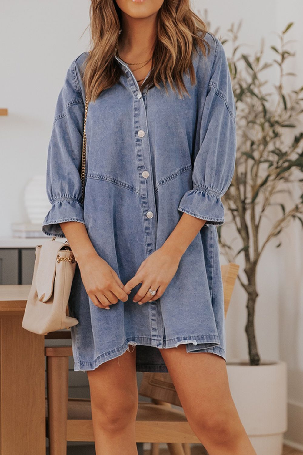 Distressed Collared Neck Flounce Sleeve Denim Dress - Classique Collection