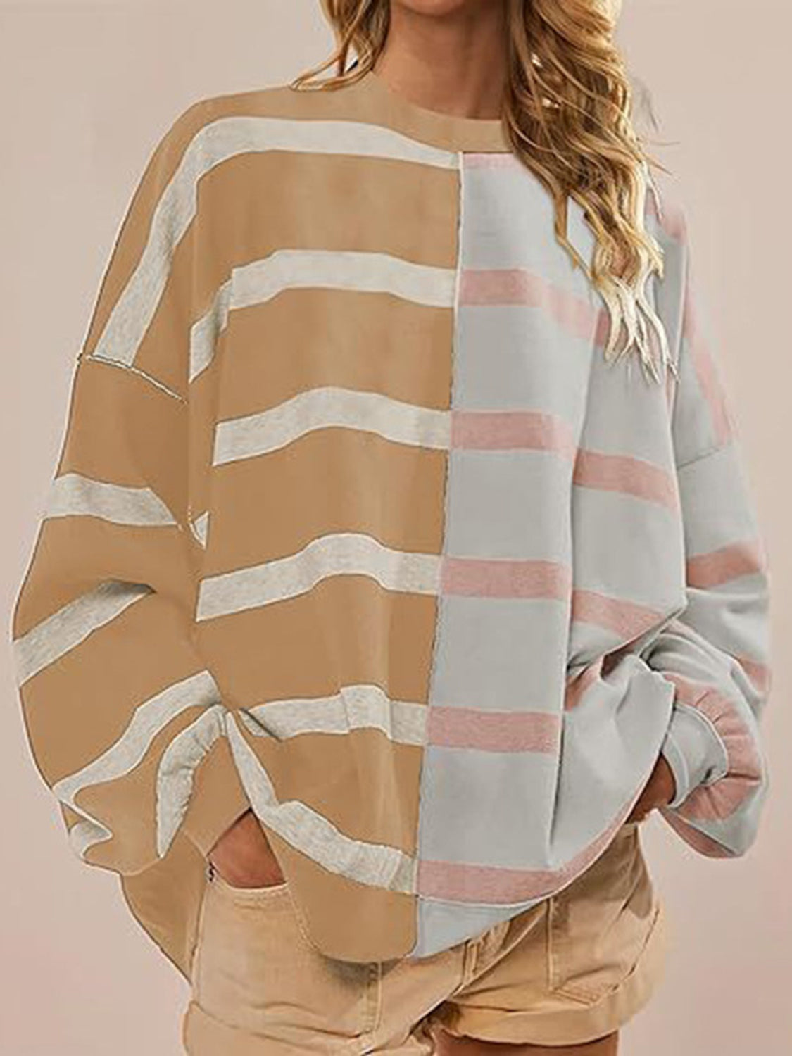 Striped Round Neck Long Sleeve Sweater - ClassiQ