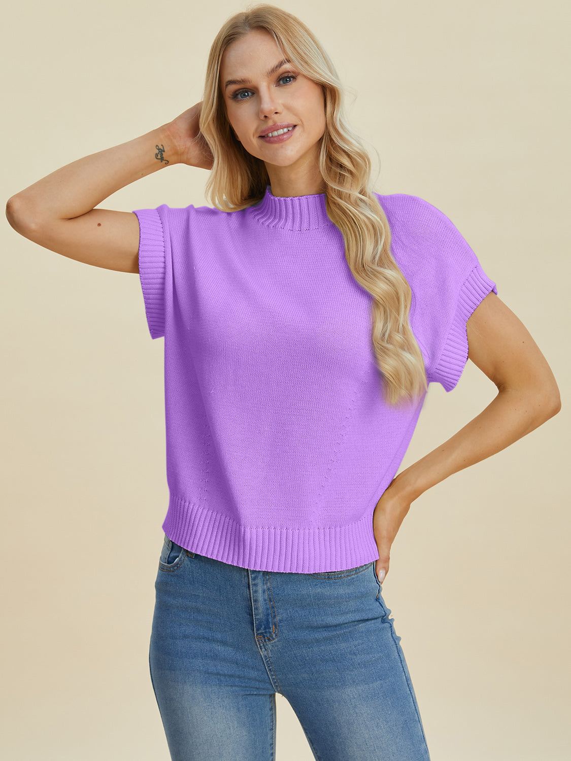 Double Take Full Size Mock Neck Short Sleeve Sweater - ClassiQ