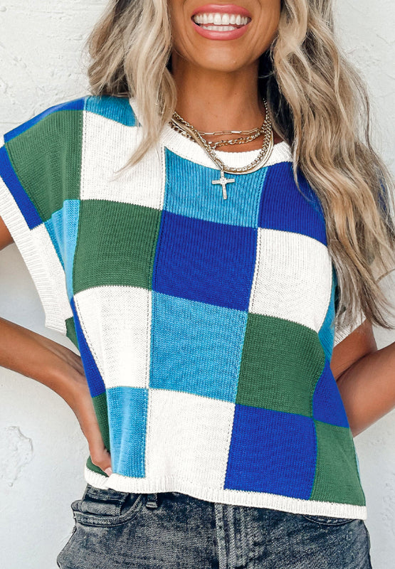Contrast Plaid Round Neck Cap Sleeve Sweater - ClassiQ