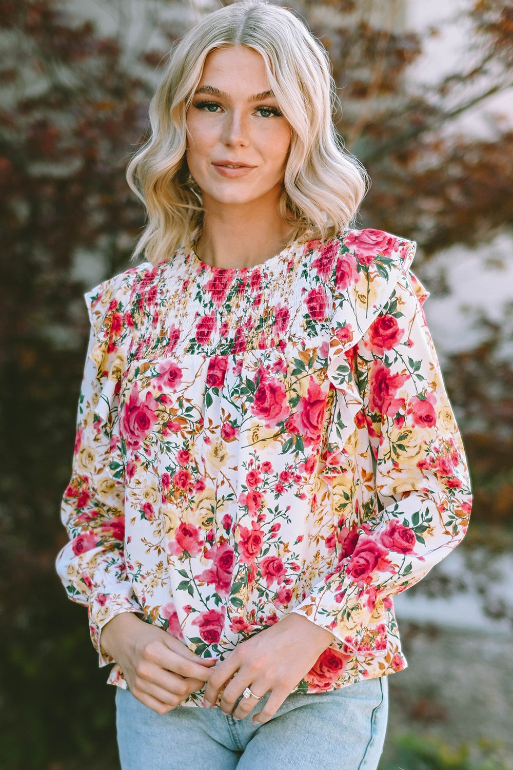 Floral Round Neck Smocked Blouse - ClassiQ