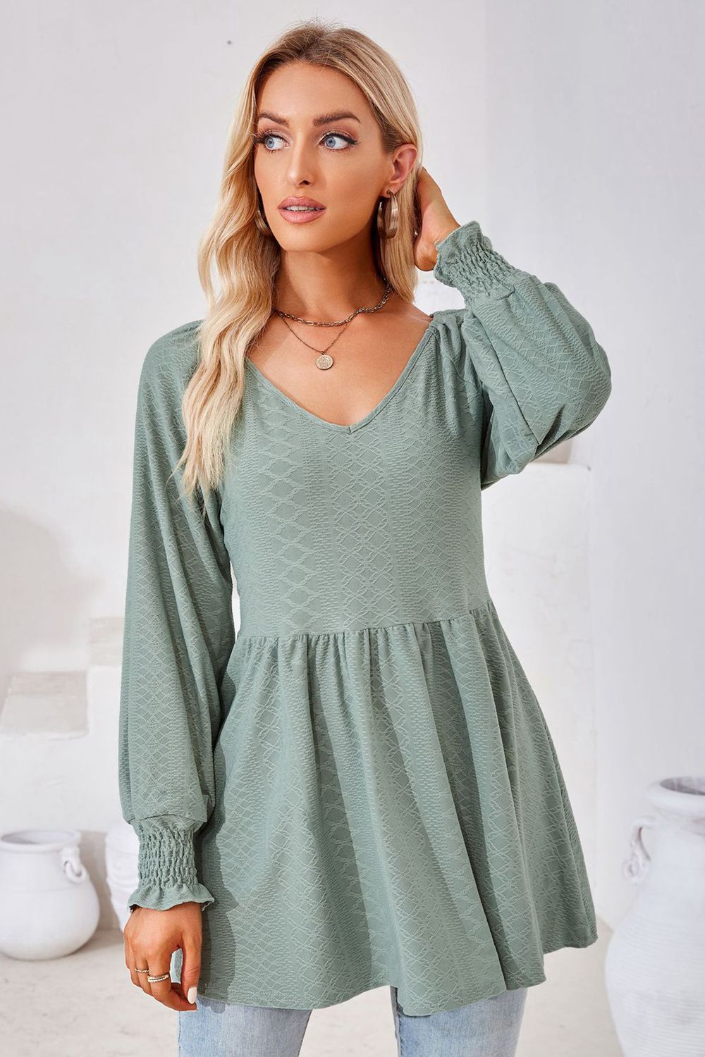V-Neck Lantern Sleeve Blouse - Classique Collection