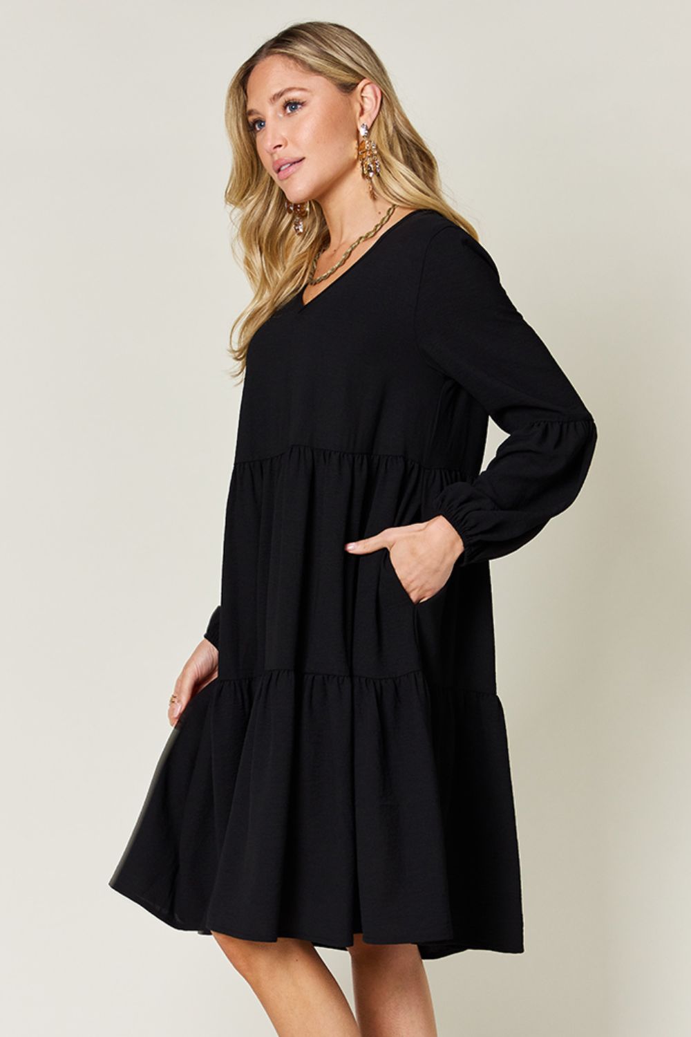 Double Take Full Size V-Neck Balloon Sleeve Tiered Dress with Pockets - Classique Collection