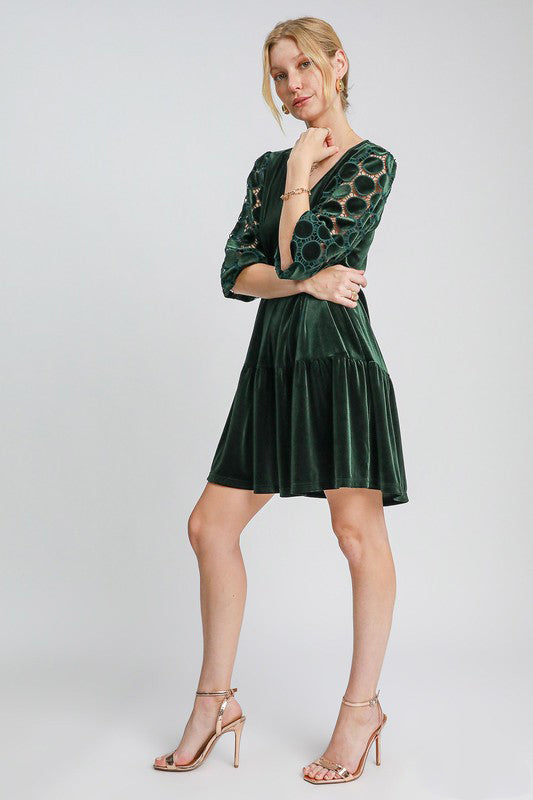 Umgee Dotted Lace Sleeve Tiered Velvet Mini Dress - Classique Collection