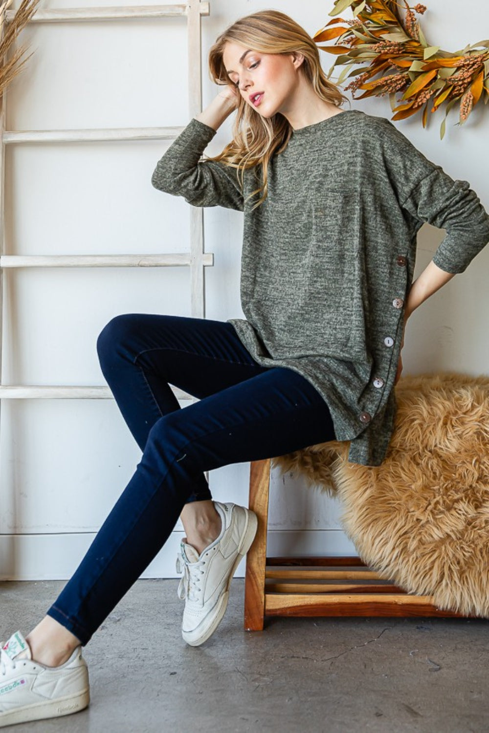 Reborn J Button Side Round Neck Long Sleeve T-Shirt - Classique Collection