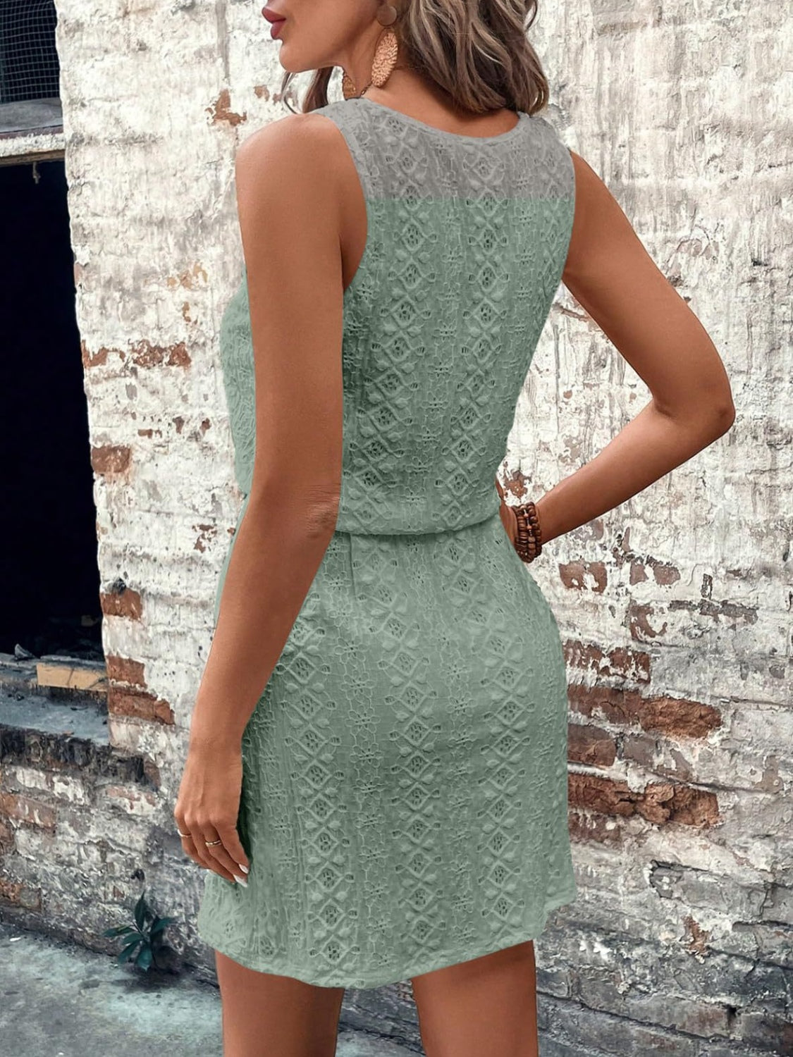 Eyelet Drawstring Round Neck Sleeveless Dress - Classique Collection