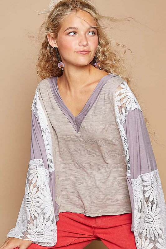 POL Lace Detail V-Neck Flare Sleeve Blouse - Classique Collection