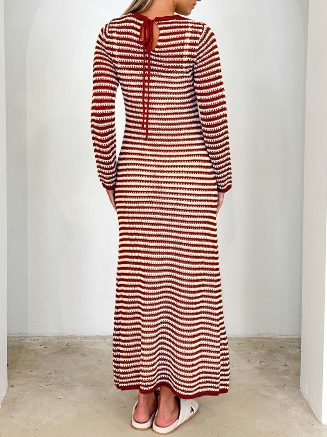 Devine Tied Round Neck Striped Sweater Dress - Classique Collection