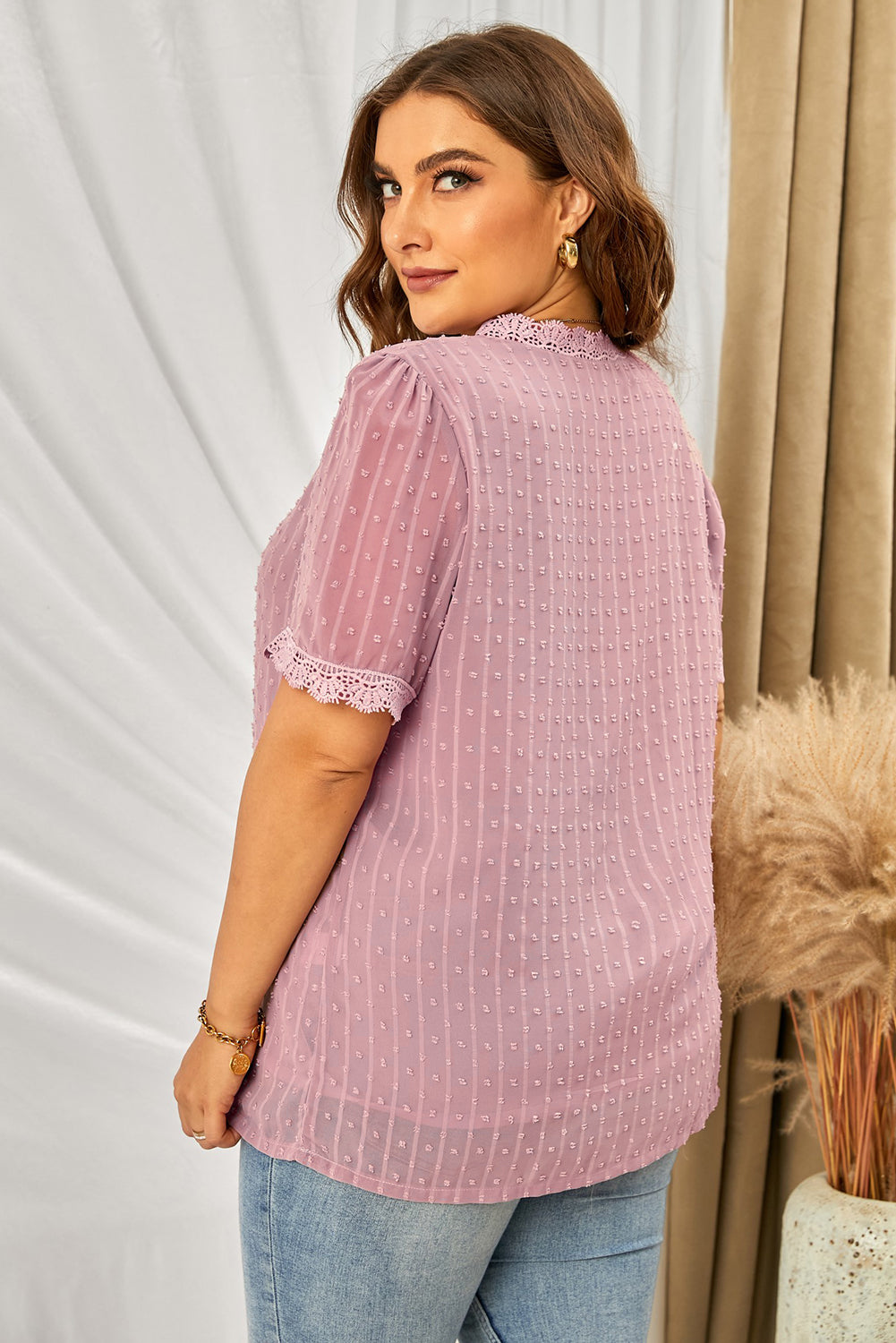 Plus Size Swiss Dot Spliced Lace V-Neck Blouse - Classique Collection