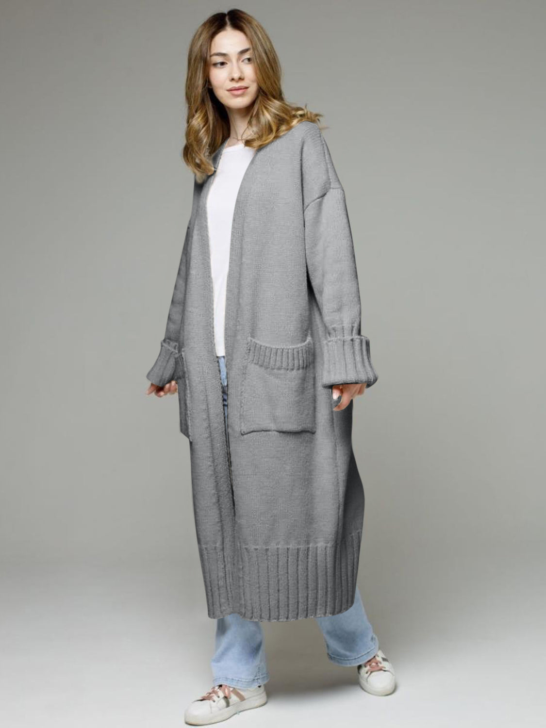 Pocketed Open Front Dropped Shoulder Cardigan - Classique Collection