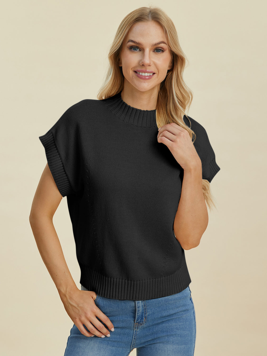 Double Take Full Size Mock Neck Short Sleeve Sweater - ClassiQ