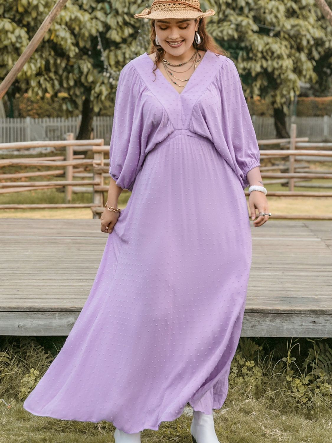 Plus Size Swiss Dot V-Neck Midi Dress - Classique Collection