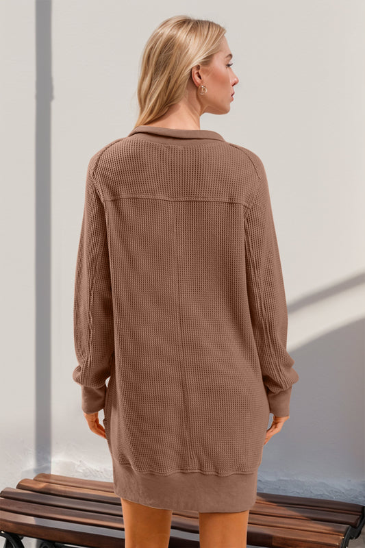 Double Take Waffle Long Sleeve Mini Dress with Pockets - Classique Collection
