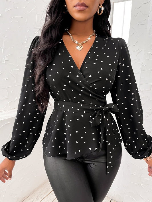 Heart Print Surplice Balloon Sleeve Blouse - Classique Collection
