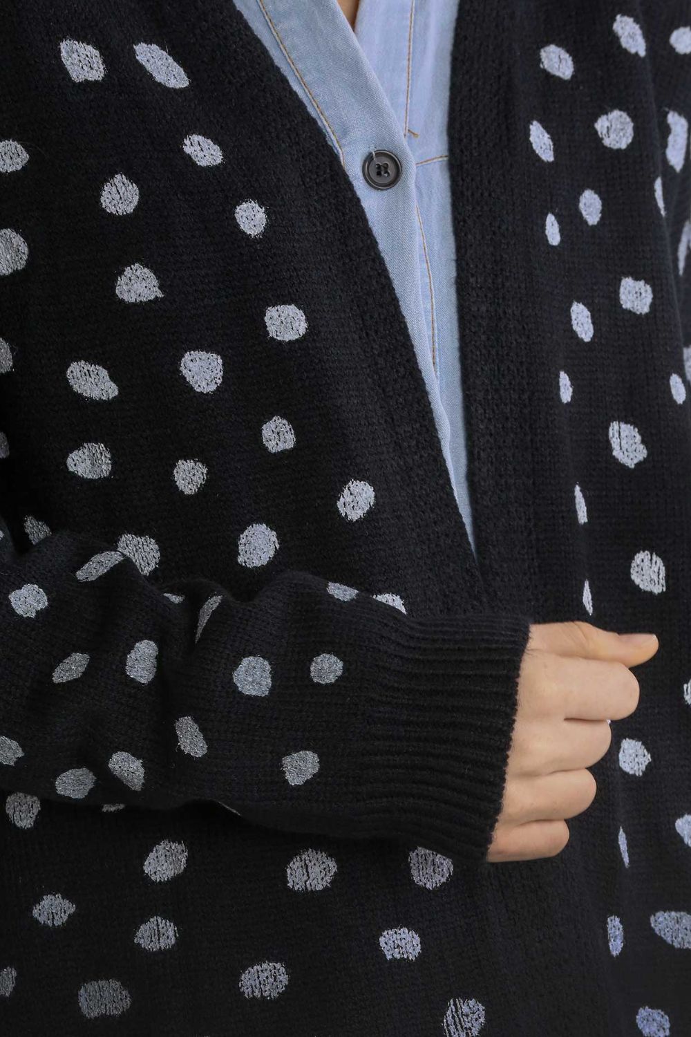 Umgee Polka Dot Open Front Drop Shoulder Cardigan - ClassiQ