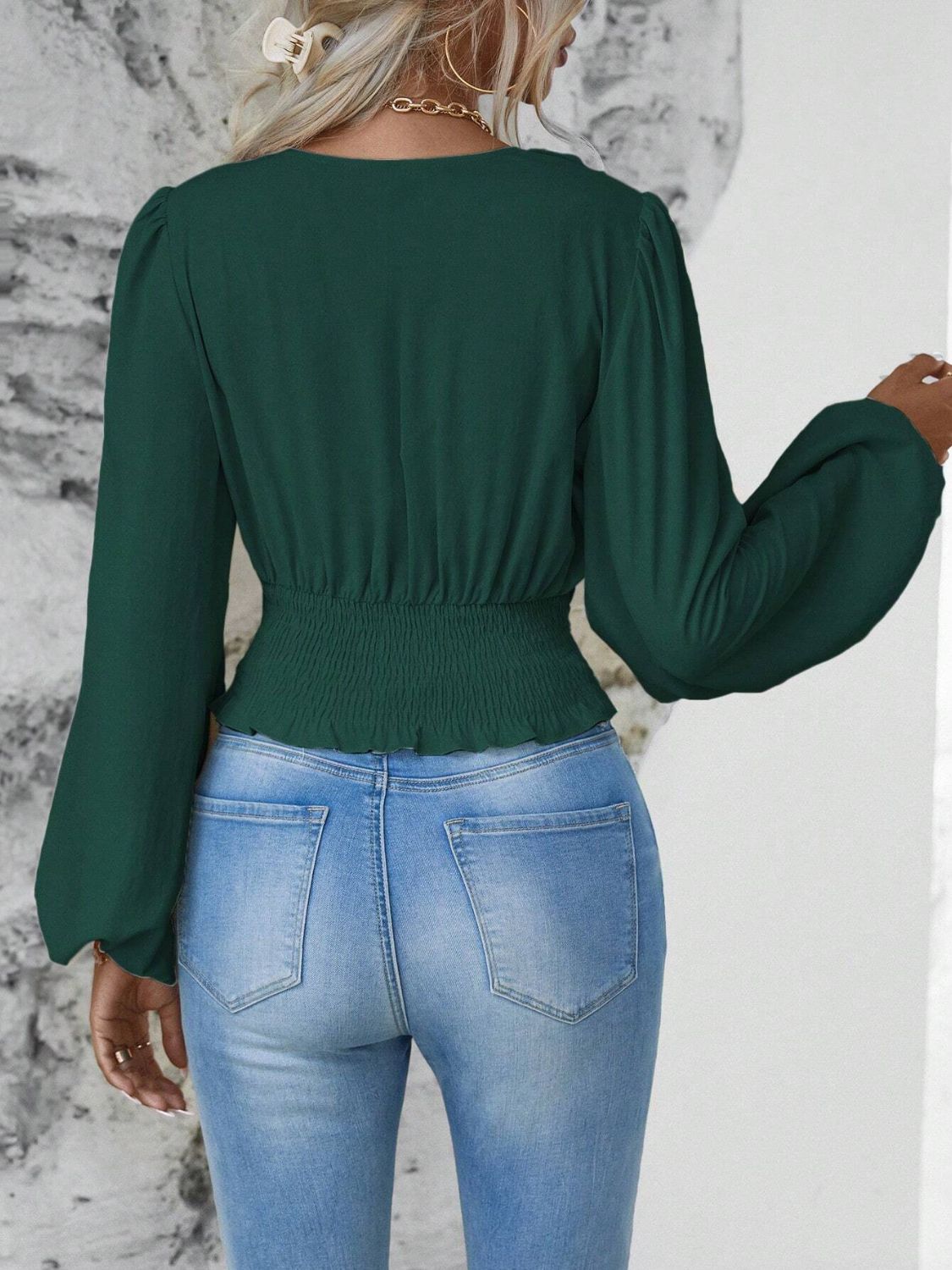 Smocked Surplice Balloon Sleeve Top - Classique Collection