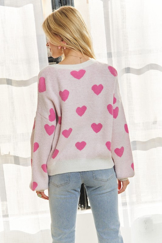 ADORA Heart Round Neck Drop Shoulder Sweater - ClassiQ