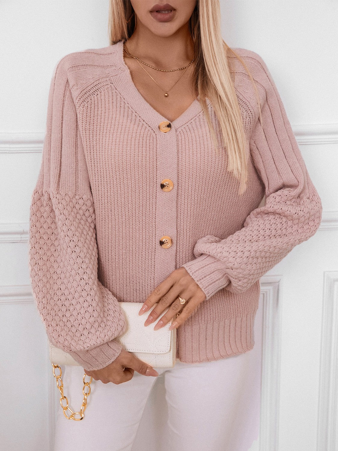 V-Neck Button Up Raglan Sleeve Cardigan - Classique Collection