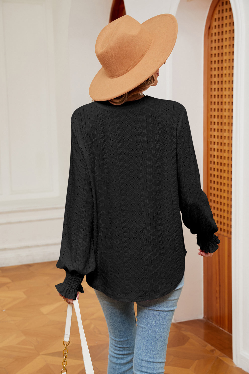 Notched Neck Flounce Sleeve Blouse - Classique Collection