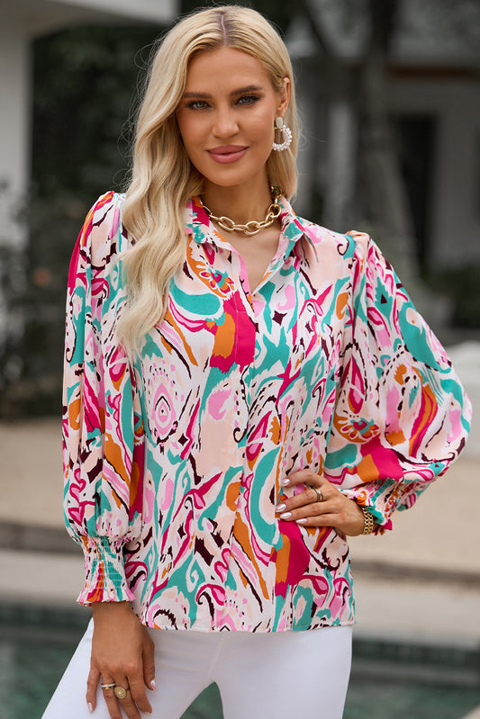 Printed Puff Sleeve Collared Blouse - ClassiQ