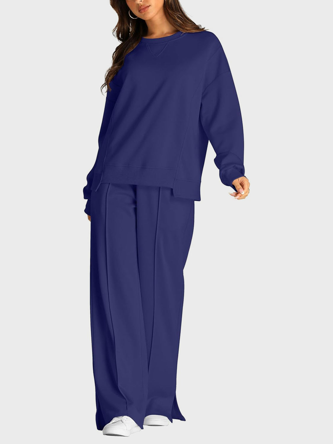 Round Neck Long Sleeve Top and Slit Pants Set - ClassiQ