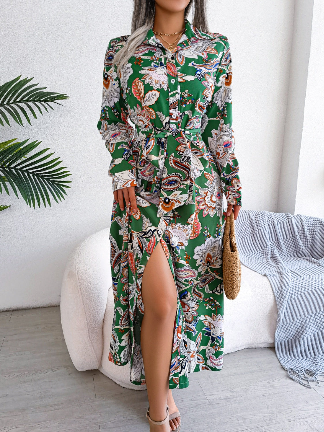 Tied Printed Long Sleeve Midi Dress - Classique Collection