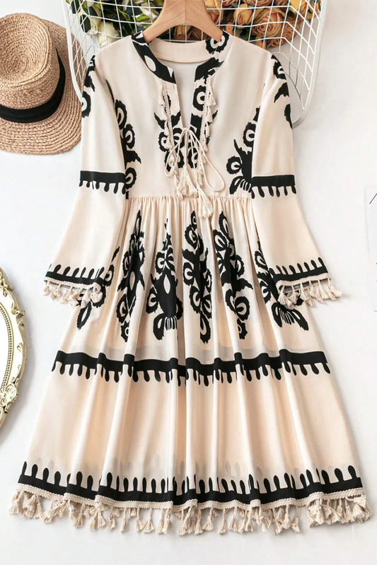 Tassel Printed Three-Quarter Sleeve Mini Dress - Classique Collection