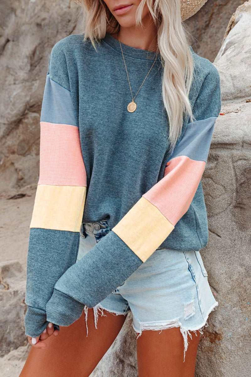 Color Block Round Neck Long Sleeve Sweatshirt - ClassiQ