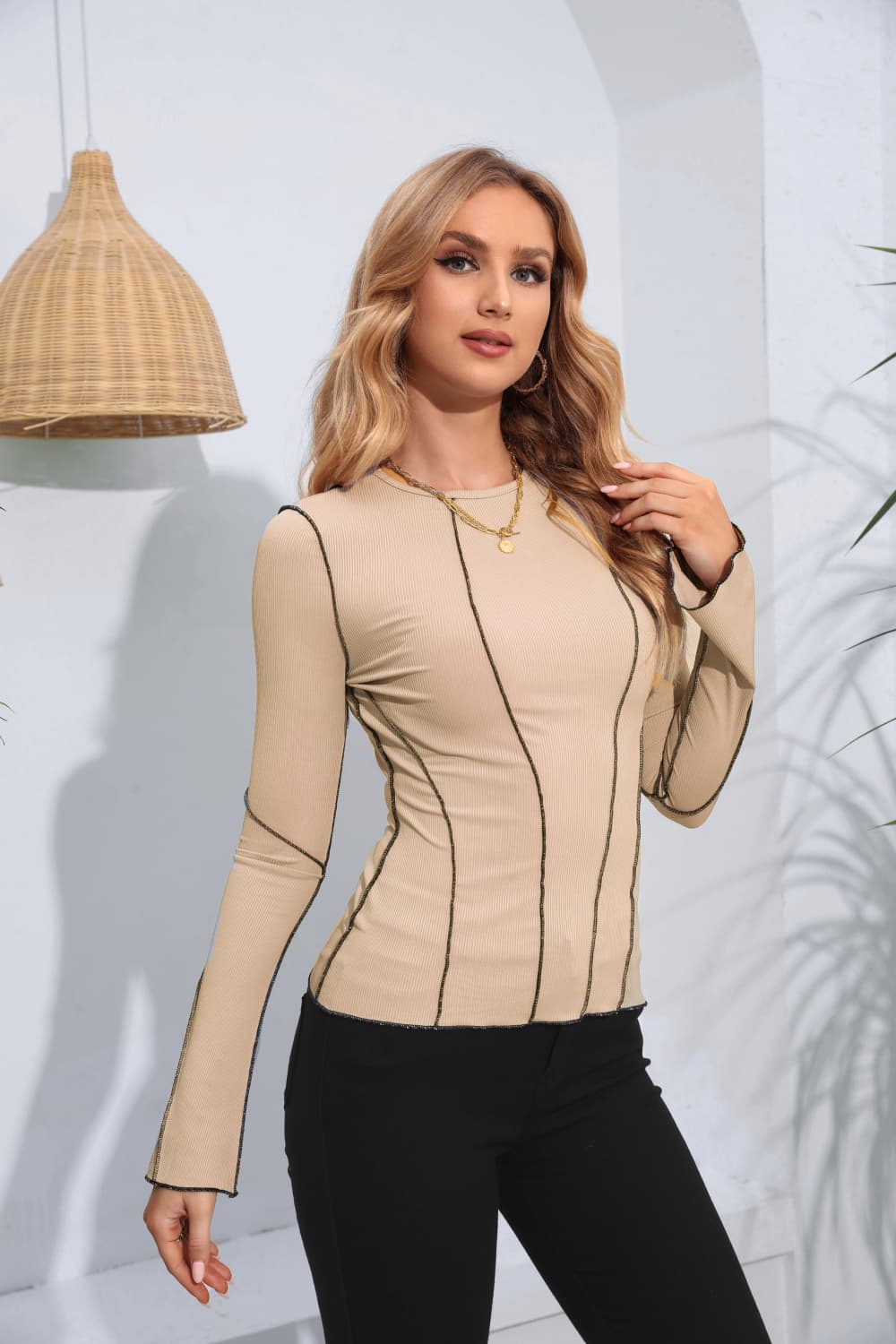 Ribbed Round Neck Long Sleeve Blouse - Classique Collection