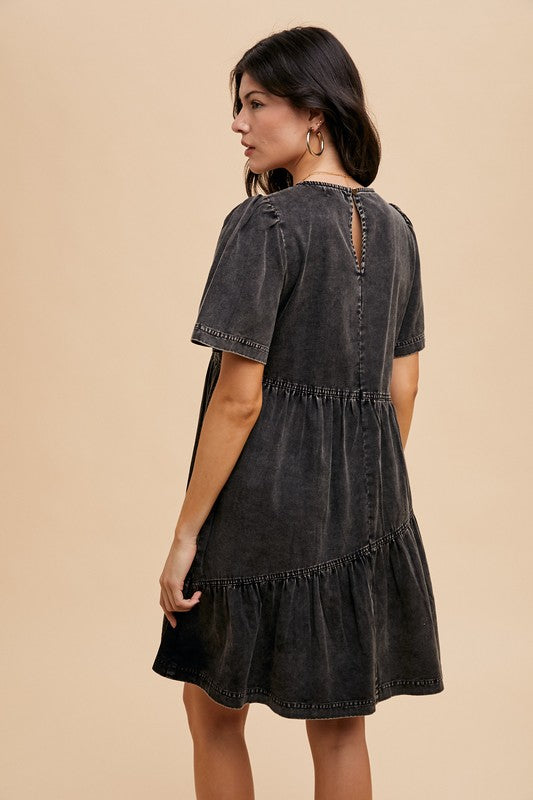Annie Wear Mineral Washed Round Neck Short Sleeve Denim Dress - ClassiQ