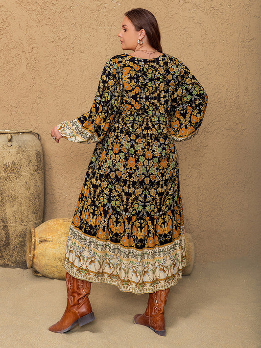 Plus Size Floral V-Neck Balloon Sleeve Midi Dress - Classique Collection