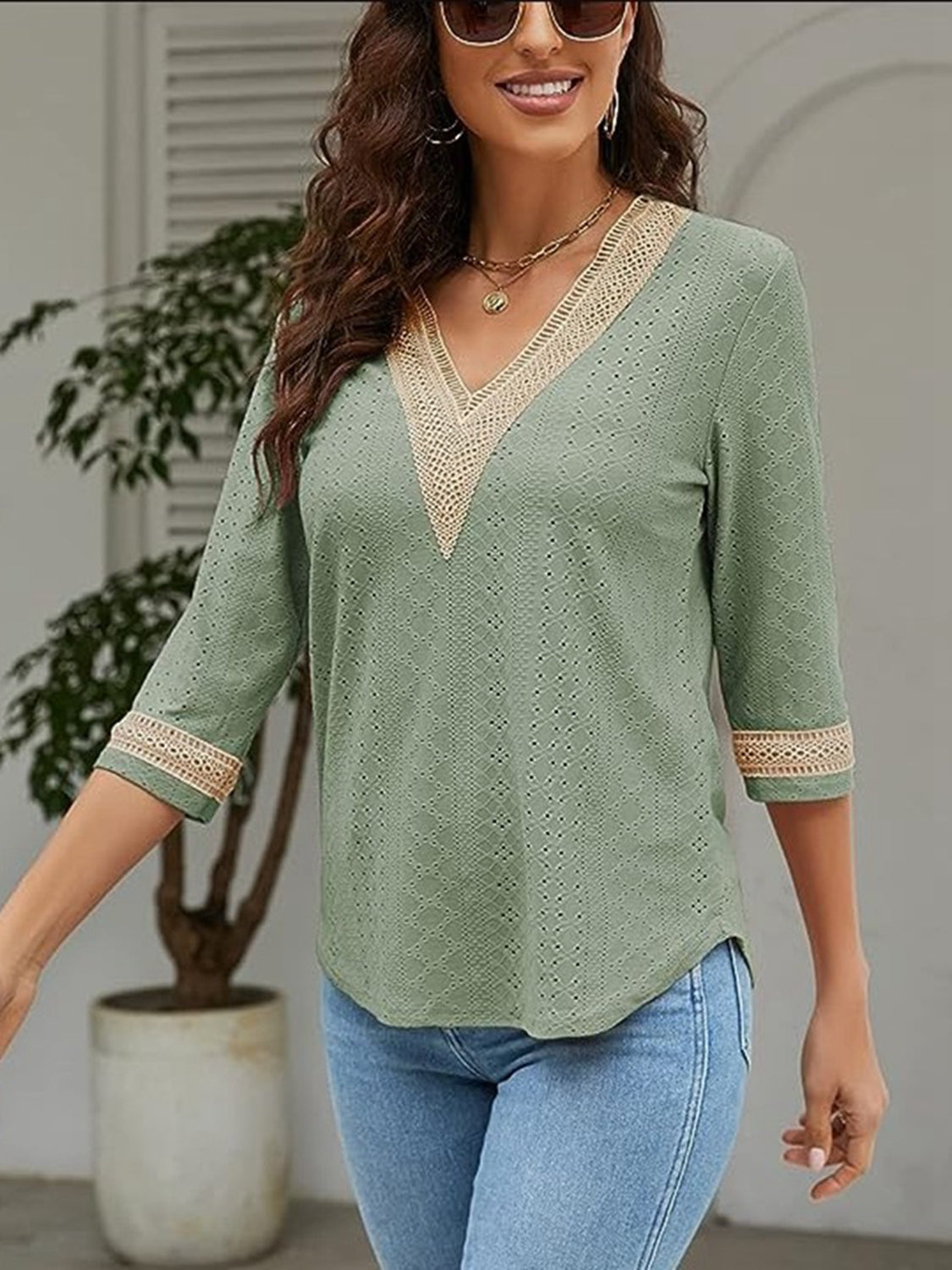 V-Neck Eyelet Blouse - Classique Collection