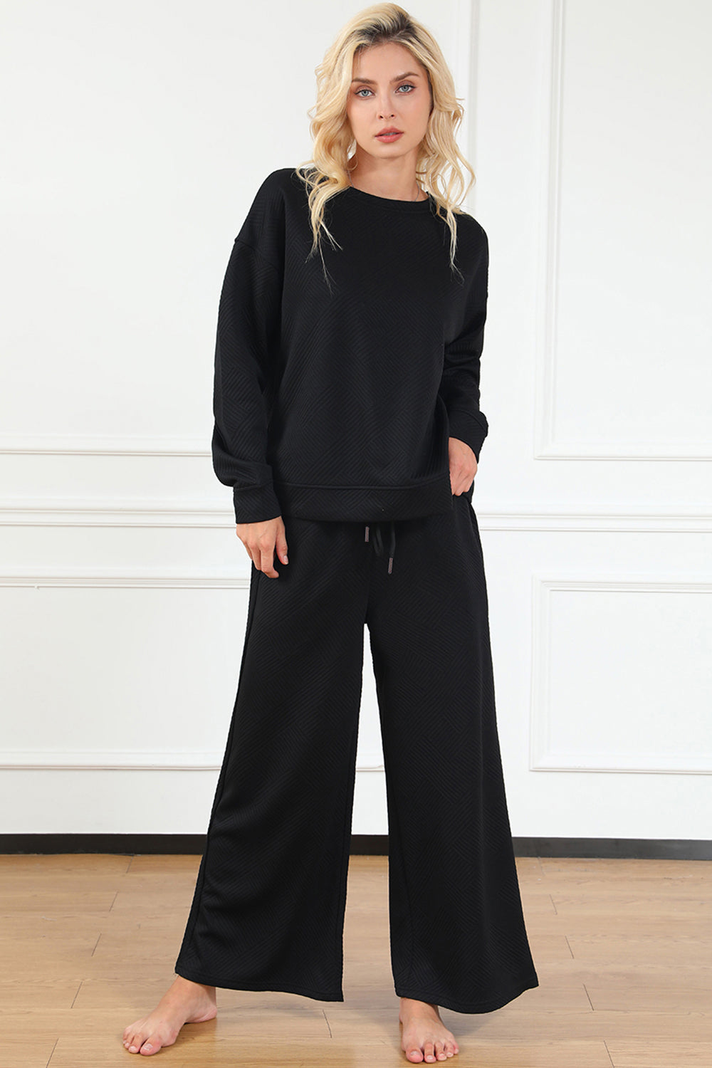 Double Take Full Size Textured Long Sleeve Top and Drawstring Pants Set - ClassiQ