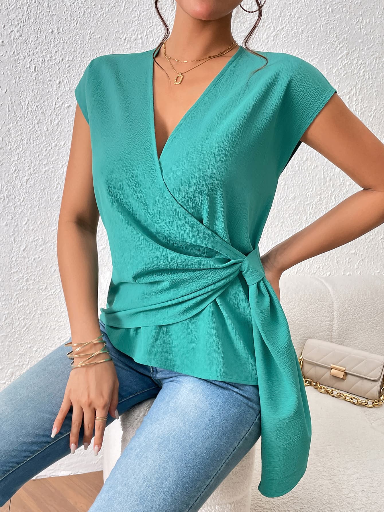 Honey Tied Surplice Neck Short Sleeve Blouse - Classique Collection