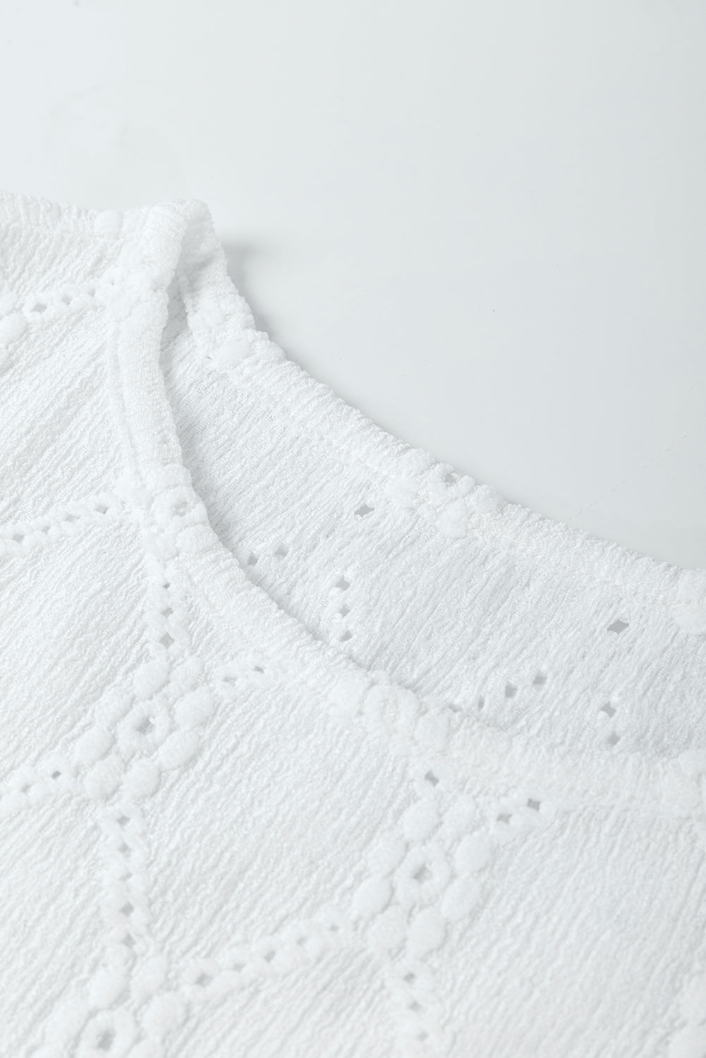 White Flower Geometric Textured Button Short Sleeve Top ClassiQ