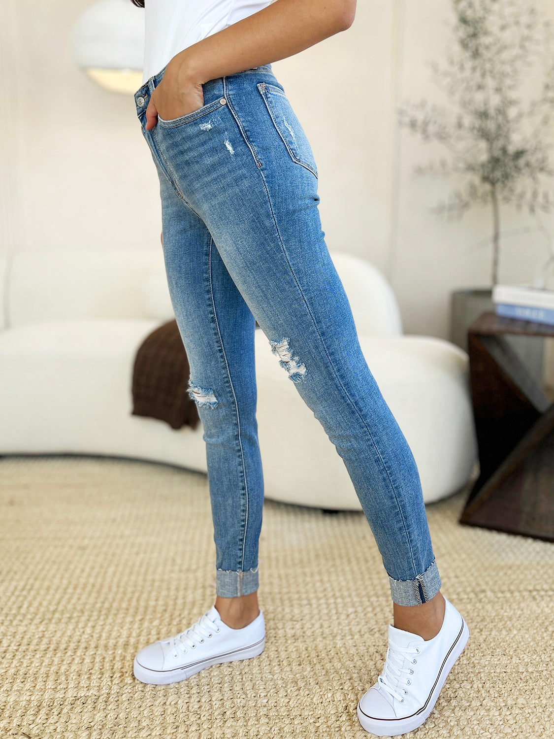Judy Blue Full Size Mid Rise Destroy & Cuff Skinny Jeans - Classique Collection