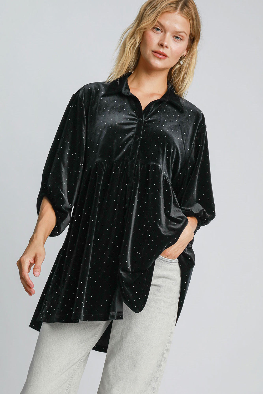 Umgee Full Size Polka Dot Button Up Half Sleeve Shirt - Classique Collection
