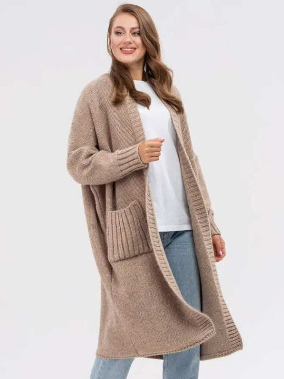 Pocketed Open Front Long Sleeve Longline Cardigan - ClassiQ