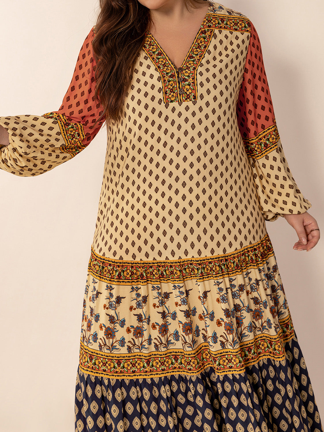 Plus Size Printed V-Neck Long Sleeve Maxi Dress - Classique Collection