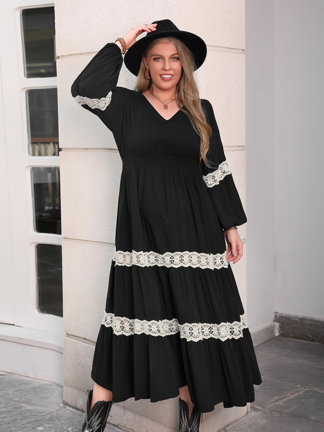 Plus Size Lace Detail V-Neck Long Sleeve Midi Dress - Classique Collection