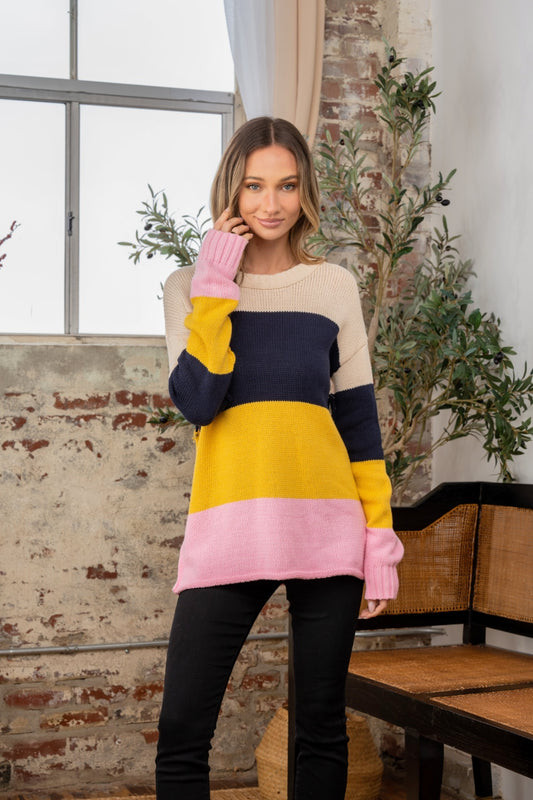 Sew In Love Full Size Color Block Exposed Seam Sweater - ClassiQ