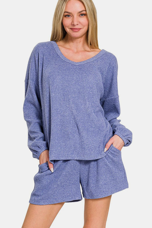 Zenana V-Neck Long Sleeve Ribbed Top and Shorts Set - Classique Collection