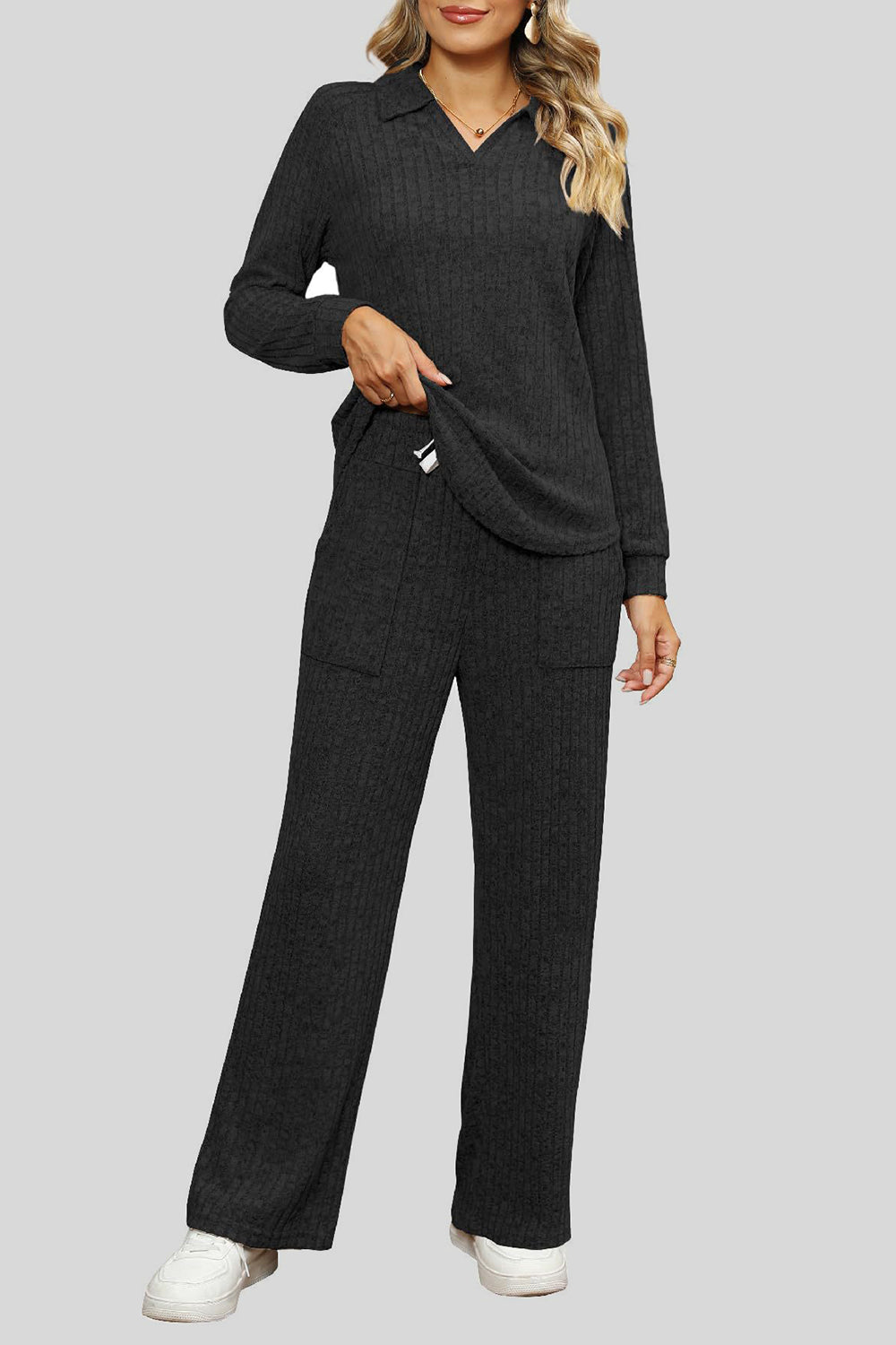 Ribbed Long Sleeve Top and Pocketed Pants Set - ClassiQ